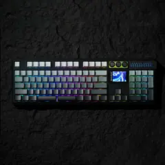 Show photo: GK104Pro with RGB lighting on, 2.4-inch screen and three knobs